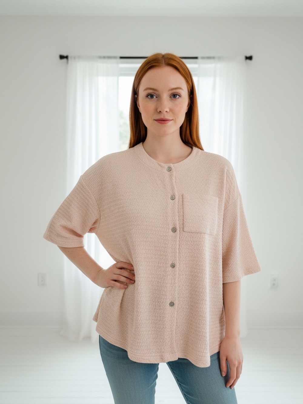 Button-Front Short-Sleeve Waffle Cardigan in Blush Pink XL